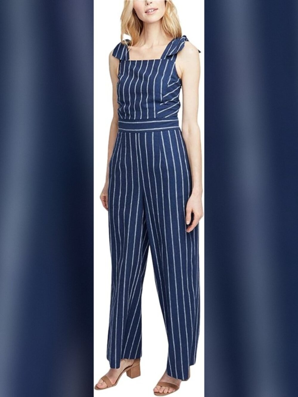 Rachel Rachel Roy Kate Linen Striped Wide Leg Jumpsuit Size 6 Navy